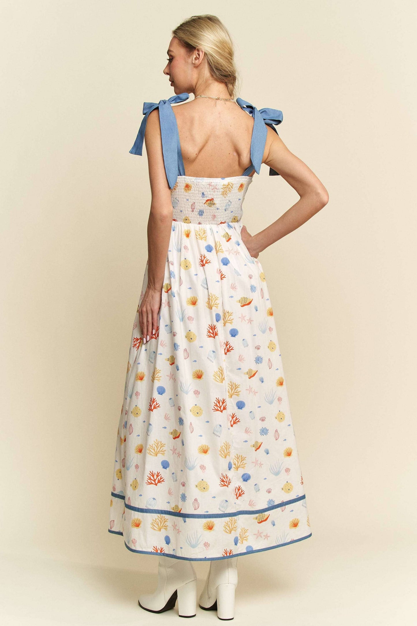 Davi & Dani - DENIM BINDING DETAIL SMOCKING SUMMER MAXI DRESS
