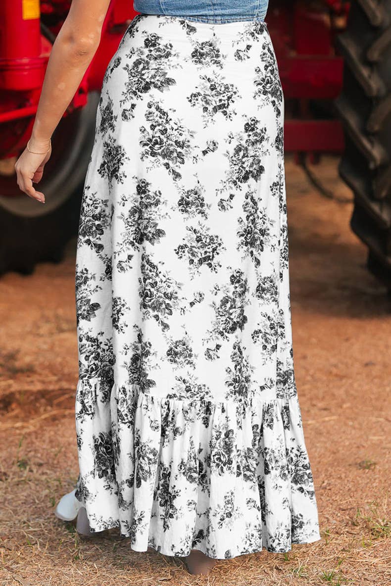 Rosa Clothing - Western Cowgirl Blue Floral ruffle high silt maxi skirt