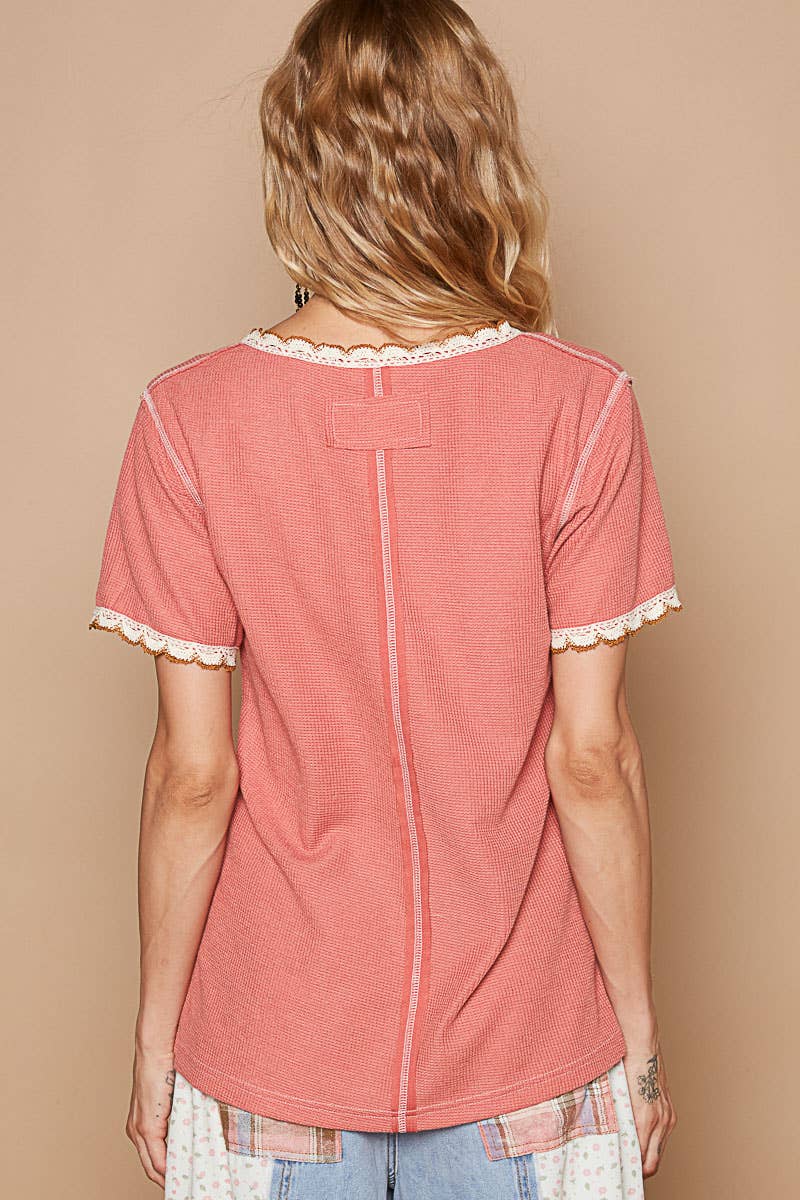 Pol Clothing - Colored trim v-neck short sleeve solid basic knit top