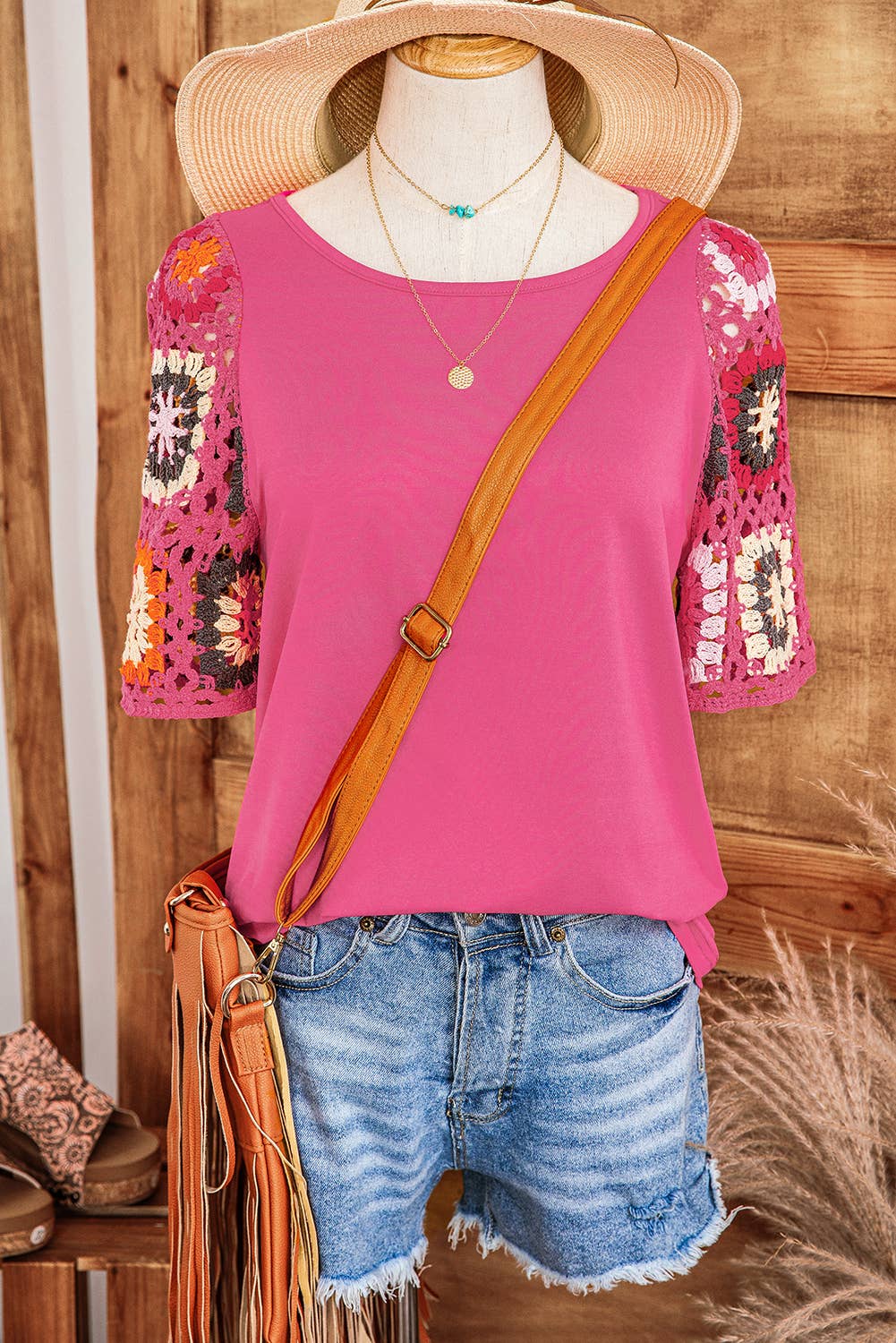fashionworks -  Fashion-W Floral Crochet Short Sleeve Top*S-XL