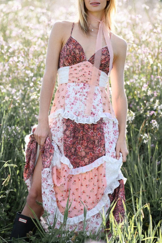 Rosa Clothing - Parfait Pink Patchwork Tiered Floral Maxi Dress