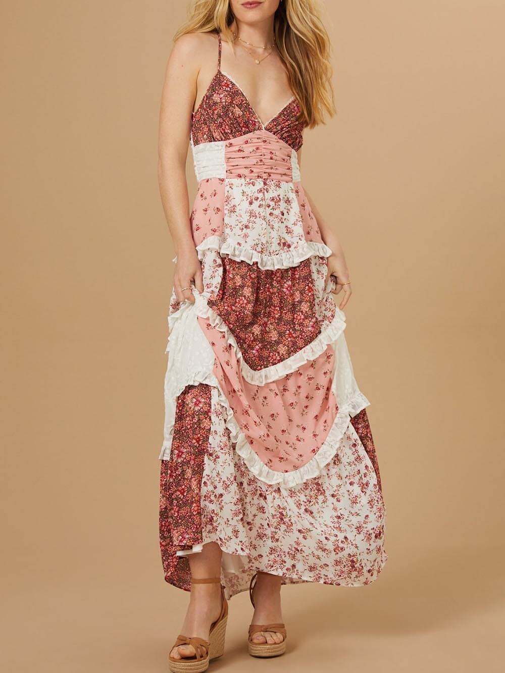 Rosa Clothing - Parfait Pink Patchwork Tiered Floral Maxi Dress