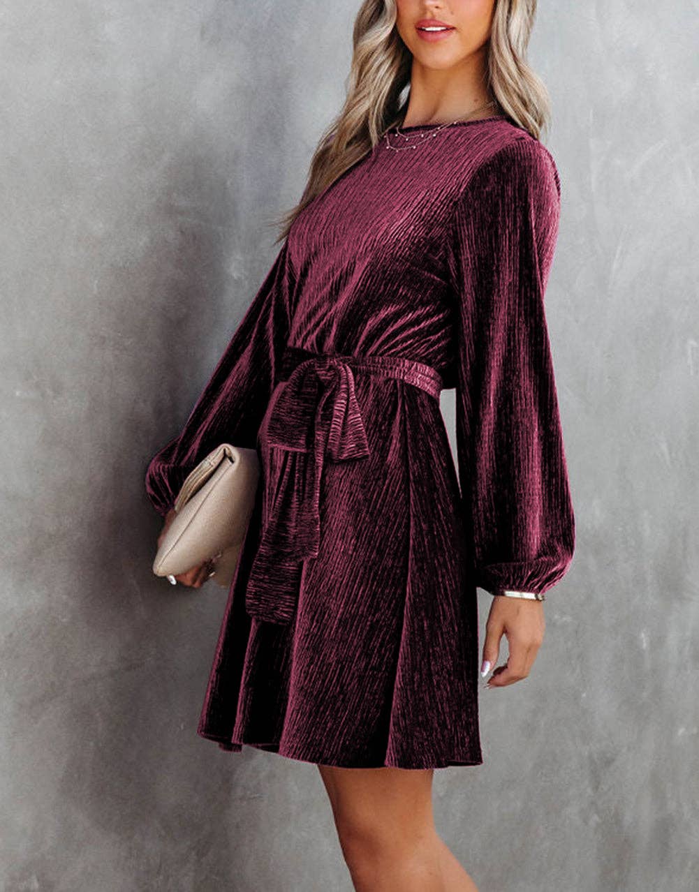 Tie Waist Crinkle Velvet Dress