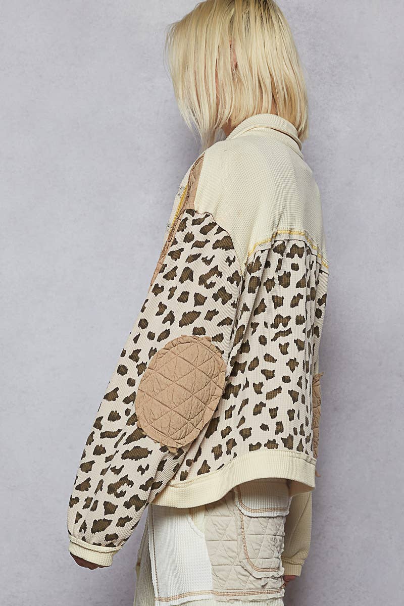 Pol Clothing - Floral Animal Print Contrast Color Block Quilted Jacket