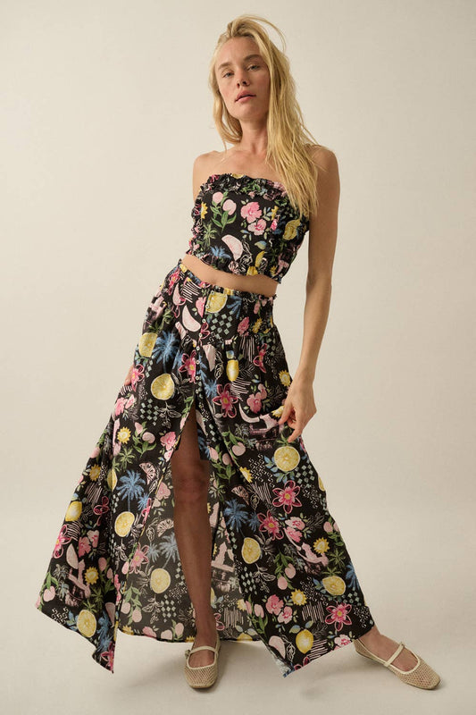 Promesa USA - Fruit and Floral-Print Button-Front Smocked Maxi Skirt
