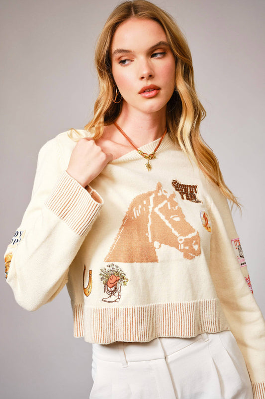 Blue B - 36839W - Horse Graphic Western Patch Sweater