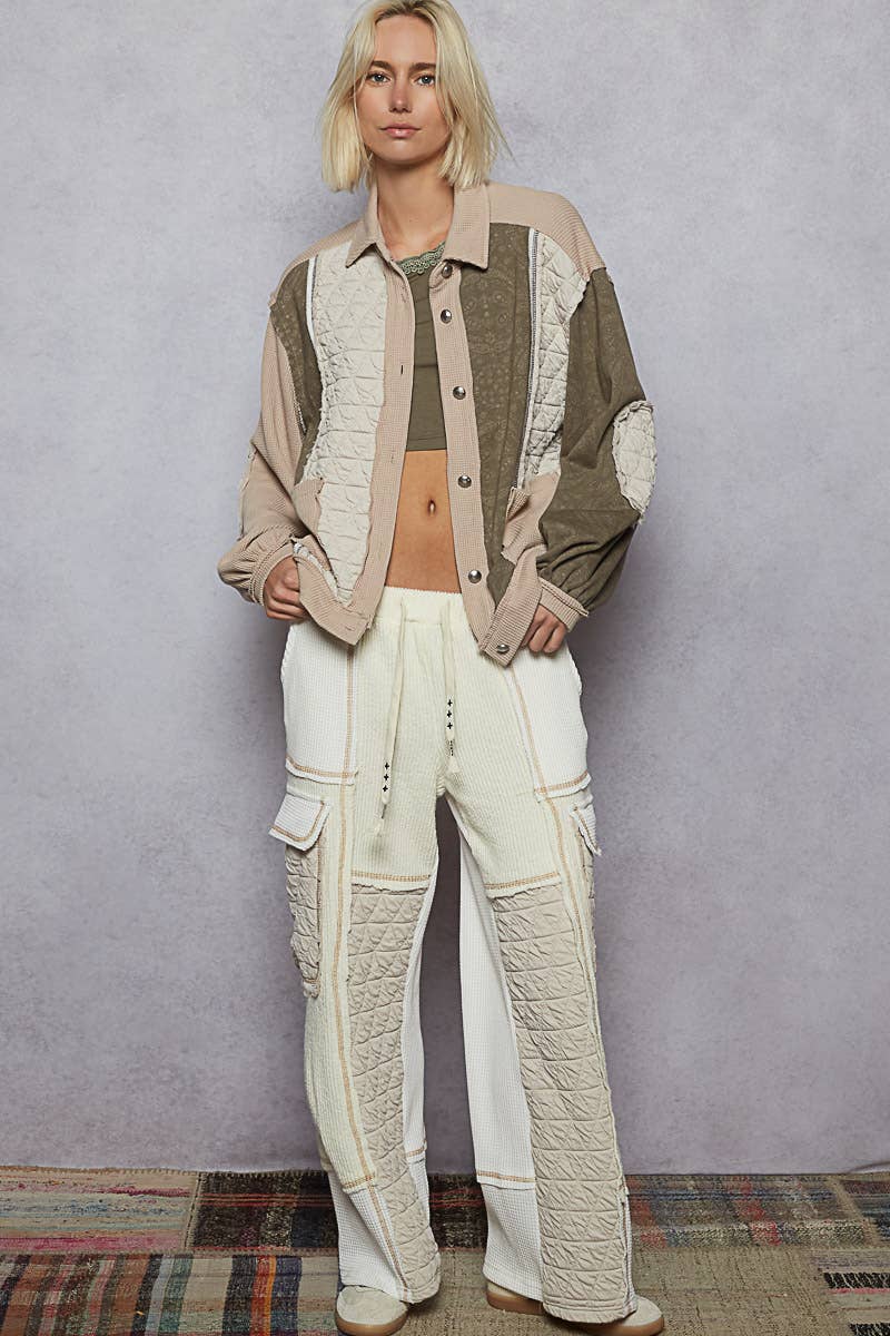 Pol Clothing - Floral Animal Print Contrast Color Block Quilted Jacket