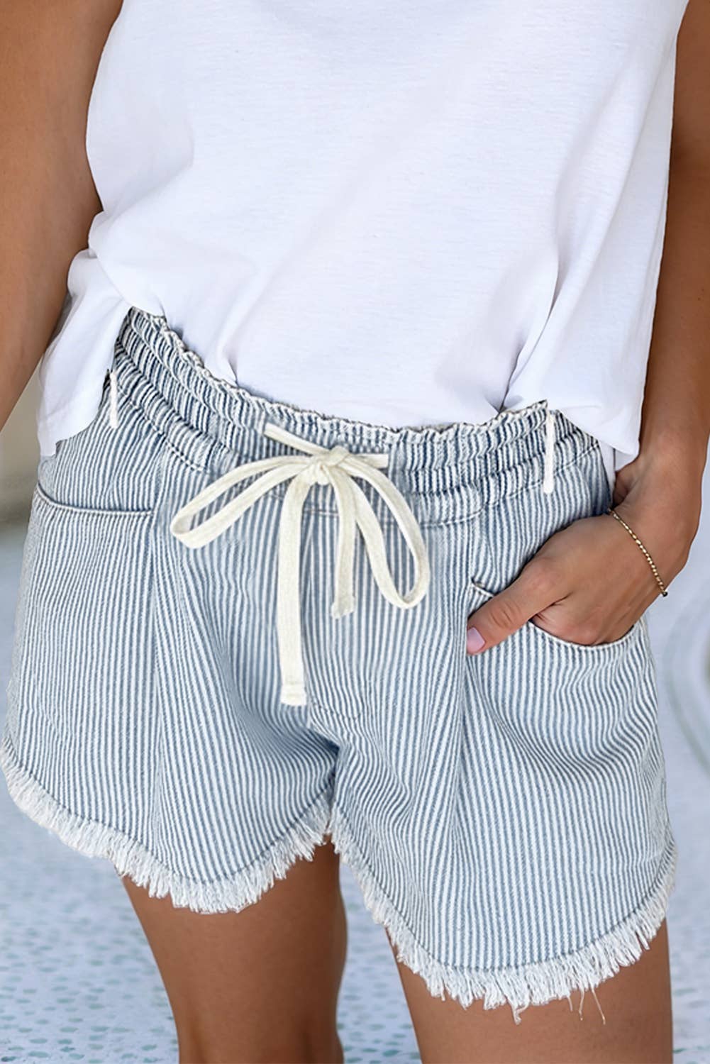 Little Daisy Closet - LDC Raw Edge Drawstring Elastic Waist Casual Denim Shorts