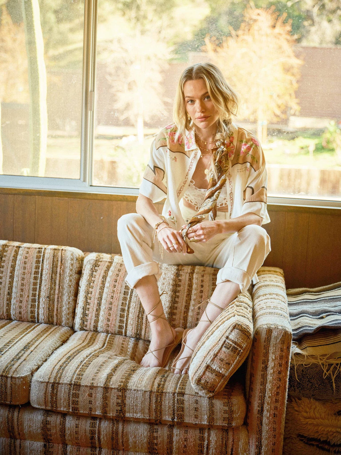 Blue B - 23649T - Embroidered Sequin Floral Linen Blouse