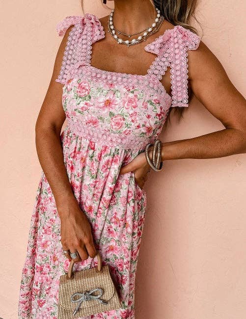 Crossed Arrows Clothing Wholesale co. - Floral Lace Tied Strap Empire Waist Maxi Dress