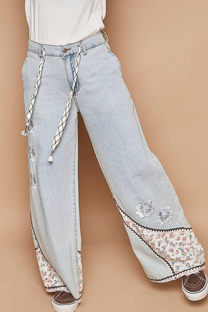Pol Clothing - Floral patches embroidery elastic band casual pant