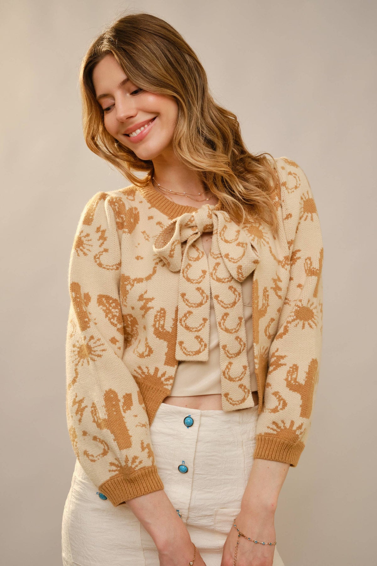 Blue B - 37767W - Western Motif Tie Front Cardigan