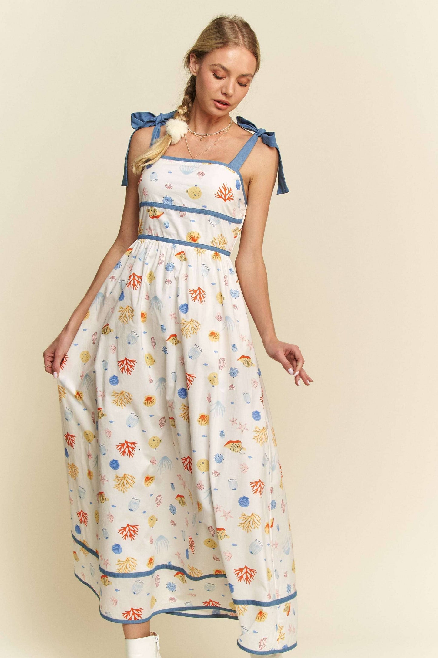 Davi & Dani - DENIM BINDING DETAIL SMOCKING SUMMER MAXI DRESS