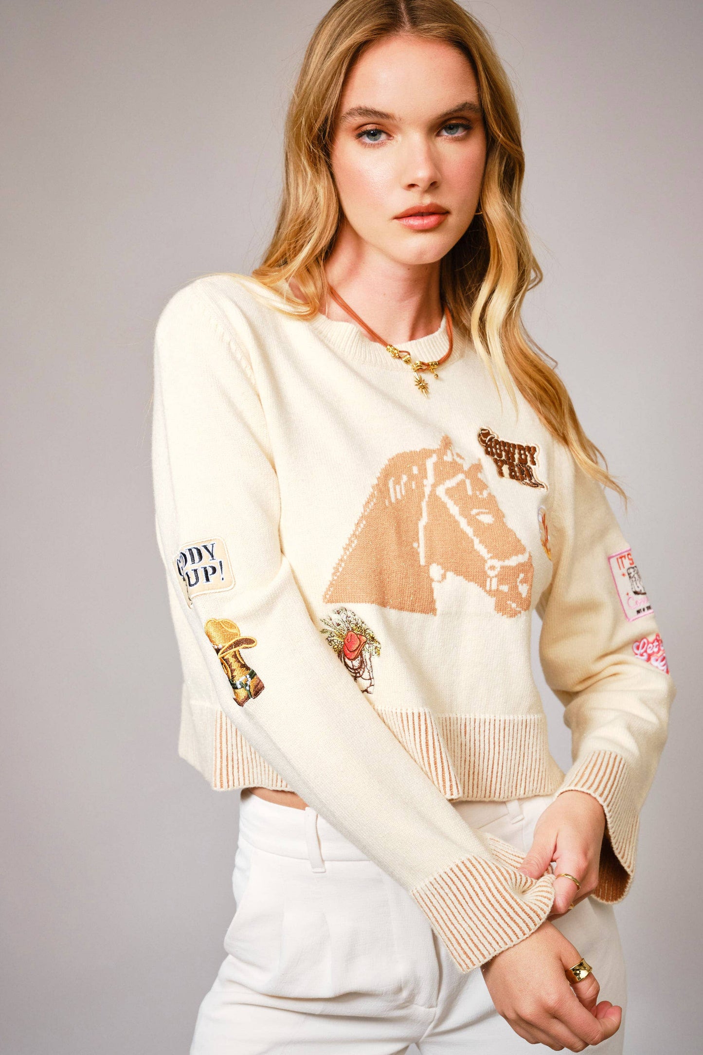Blue B - 36839W - Horse Graphic Western Patch Sweater