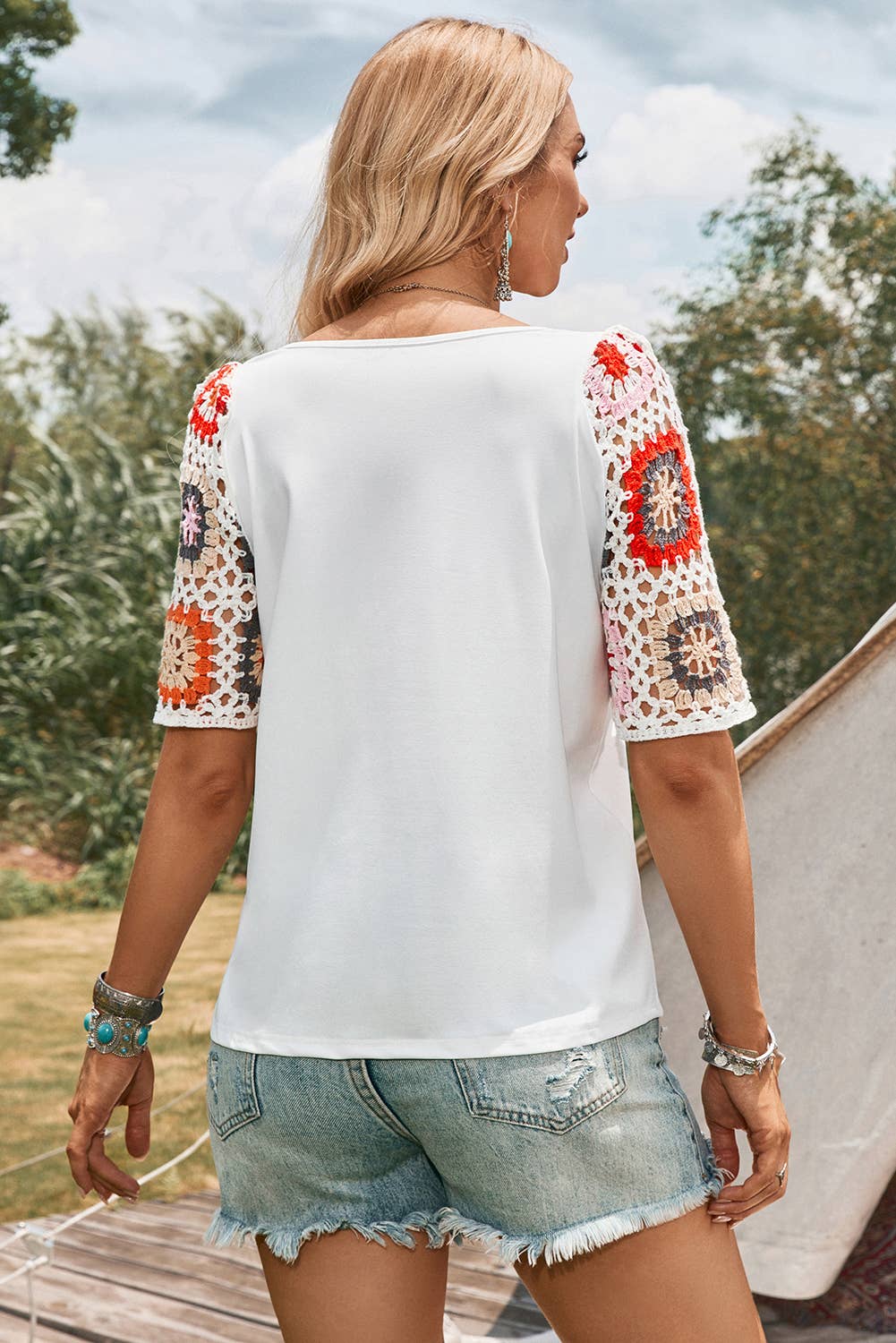 fashionworks -  Fashion-W Floral Crochet Short Sleeve Top*S-XL