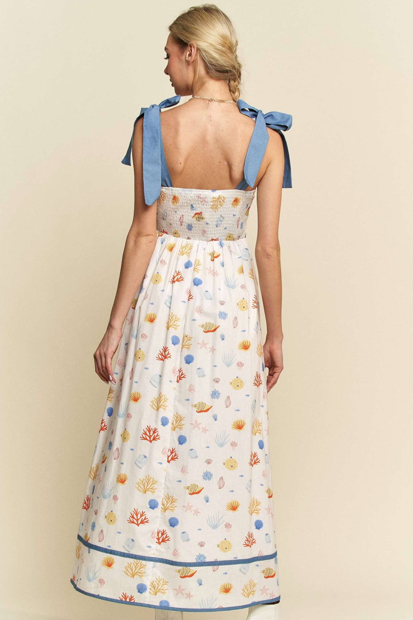 Davi & Dani - DENIM BINDING DETAIL SMOCKING SUMMER MAXI DRESS