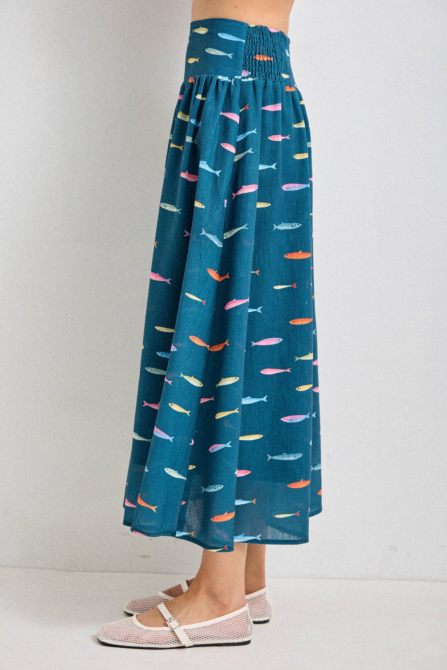 Baevely by Wellmade USA - FISH PRINT SMOCKED BACK WAIST MIDI SKIRT