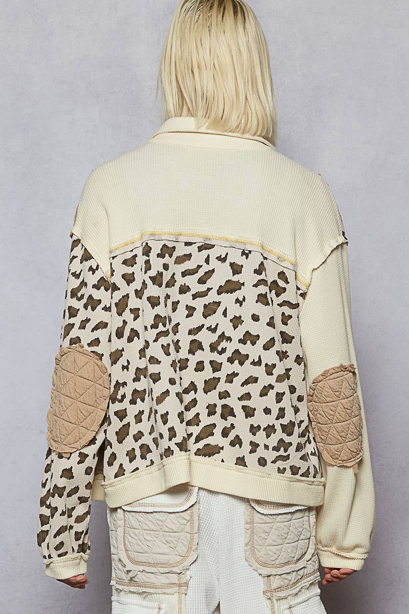 Pol Clothing - Floral Animal Print Contrast Color Block Quilted Jacket
