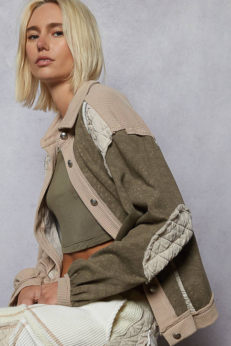Pol Clothing - Floral Animal Print Contrast Color Block Quilted Jacket