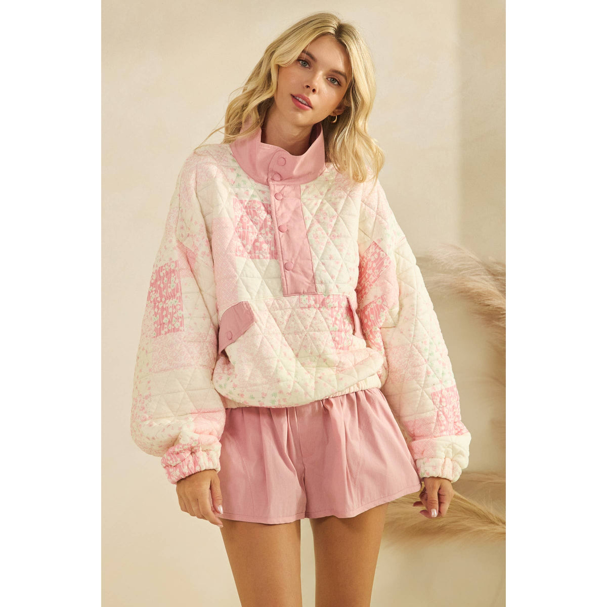 Veveret - Textured Contrast printed Quarterzip Sweater