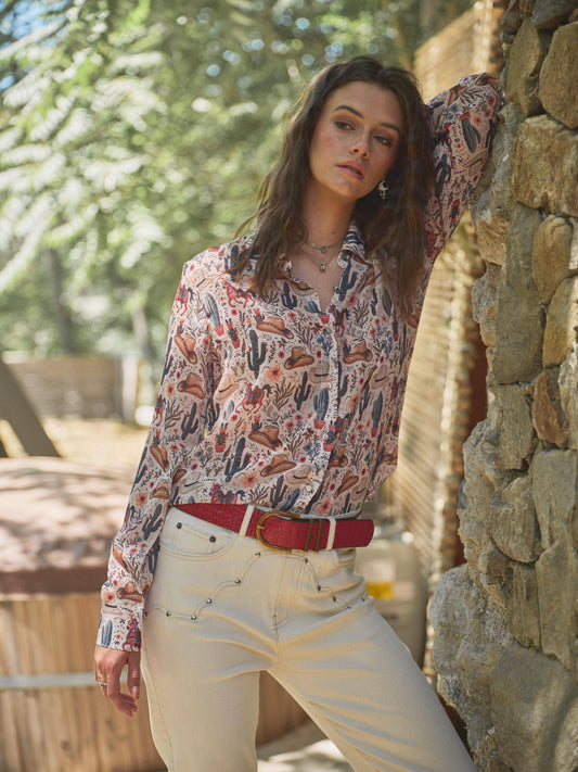 Blue B - 36204T - Western Print Chiffon Button Up Blouse