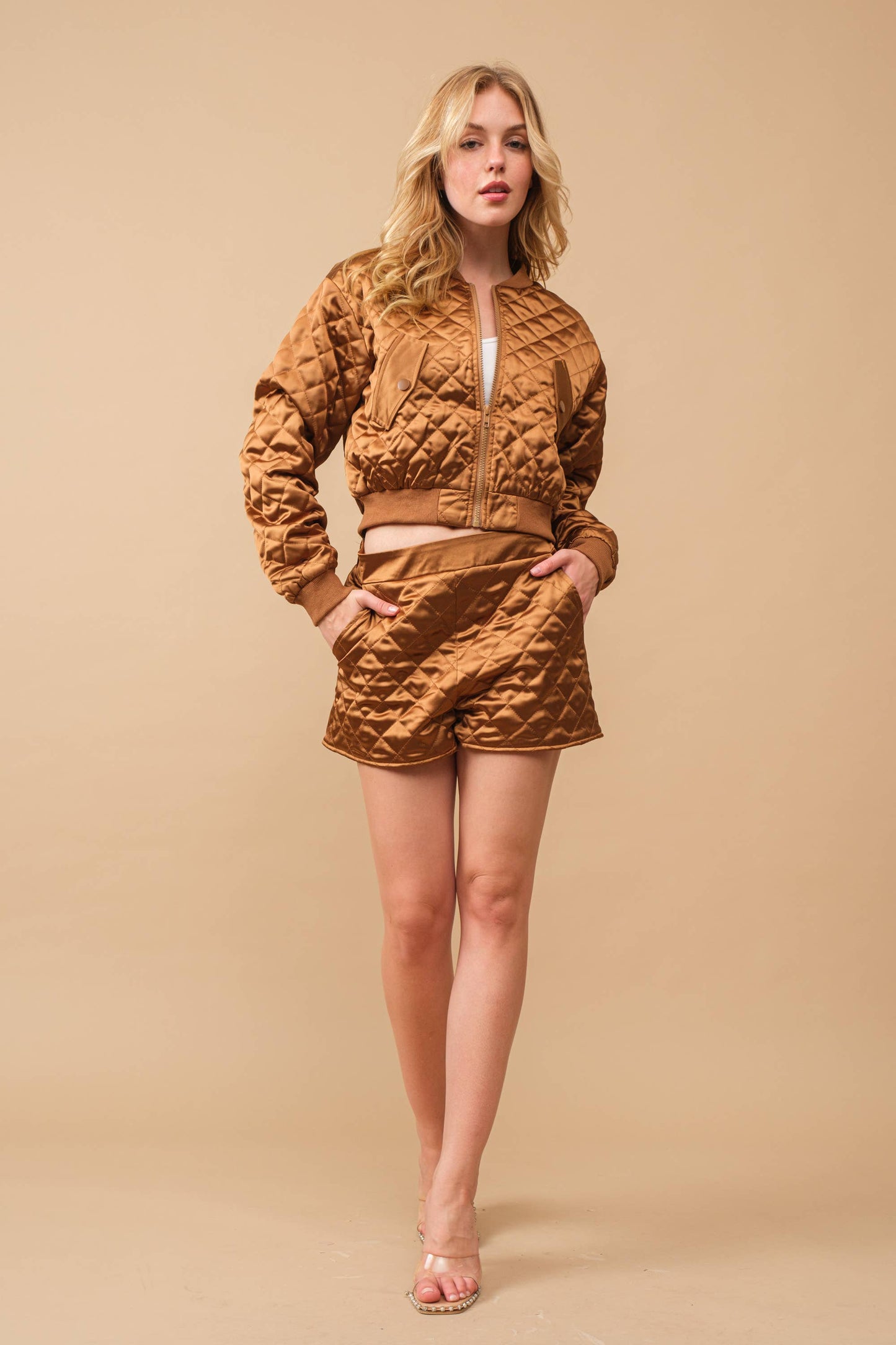 Blue B - 61234SET Quilted Crop Pocket Bomber Jacket w/ Matching Set