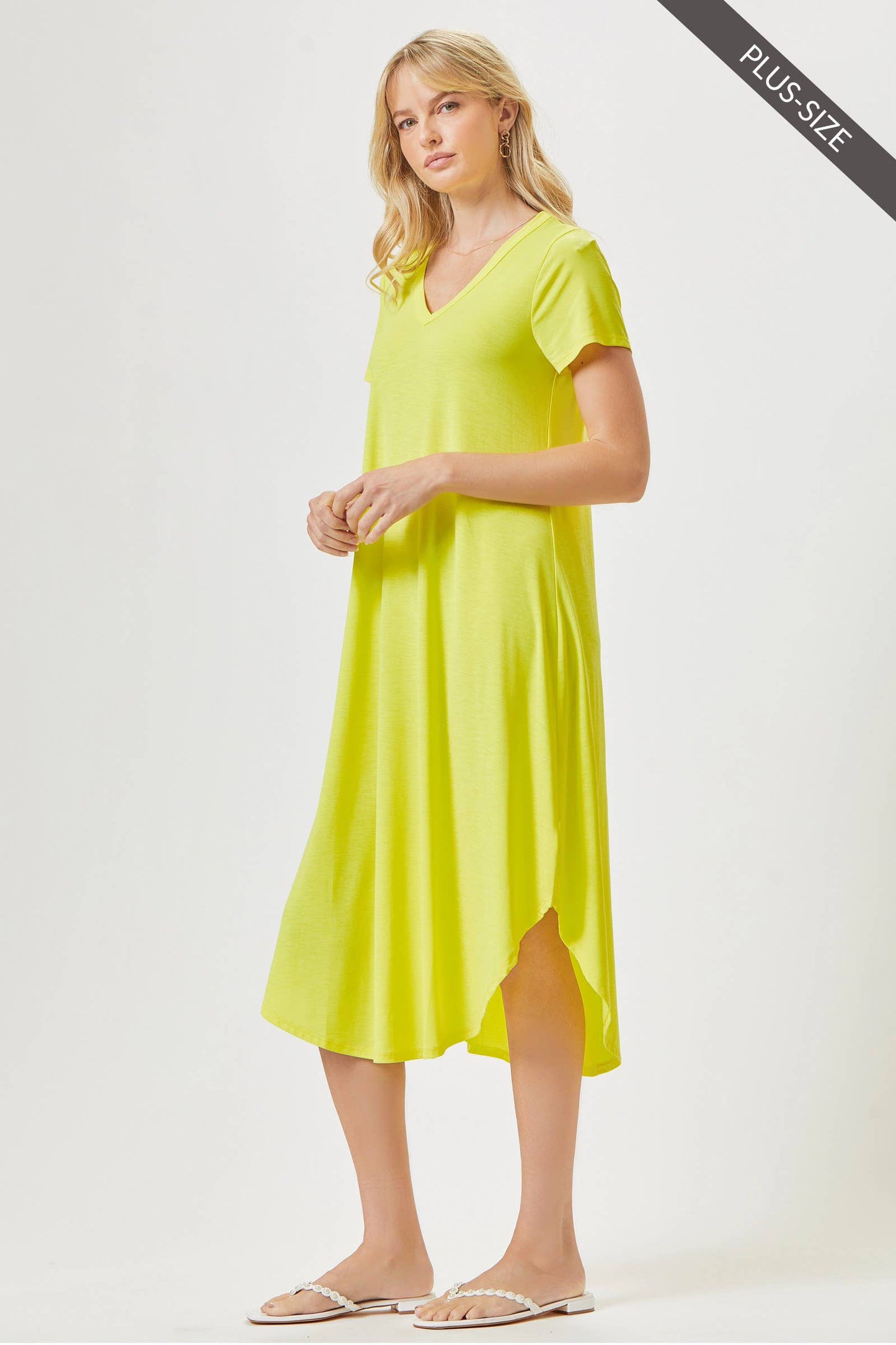 PLUS SIZE Beautiful Solid Midi Dress With Dolphin Hemline