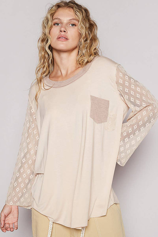 Pol Clothing - Scoop neck lace long sleeve front pocket solid top