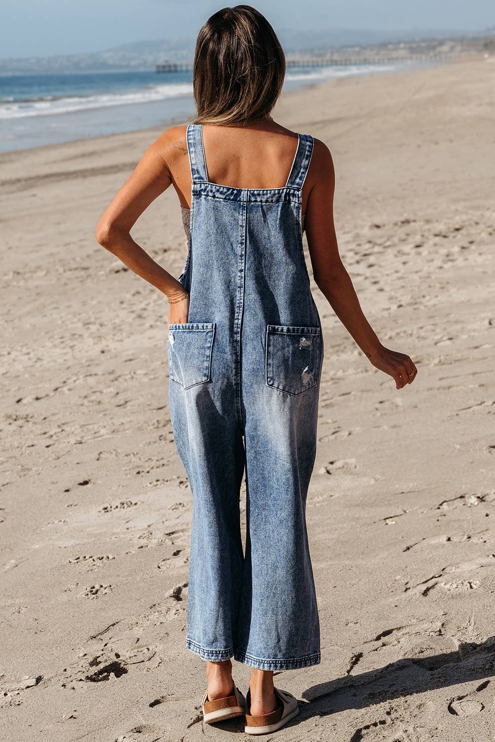 1 the Woman - Distressed Pocketed Wide Leg Capri Denim Overall | 2 Colors