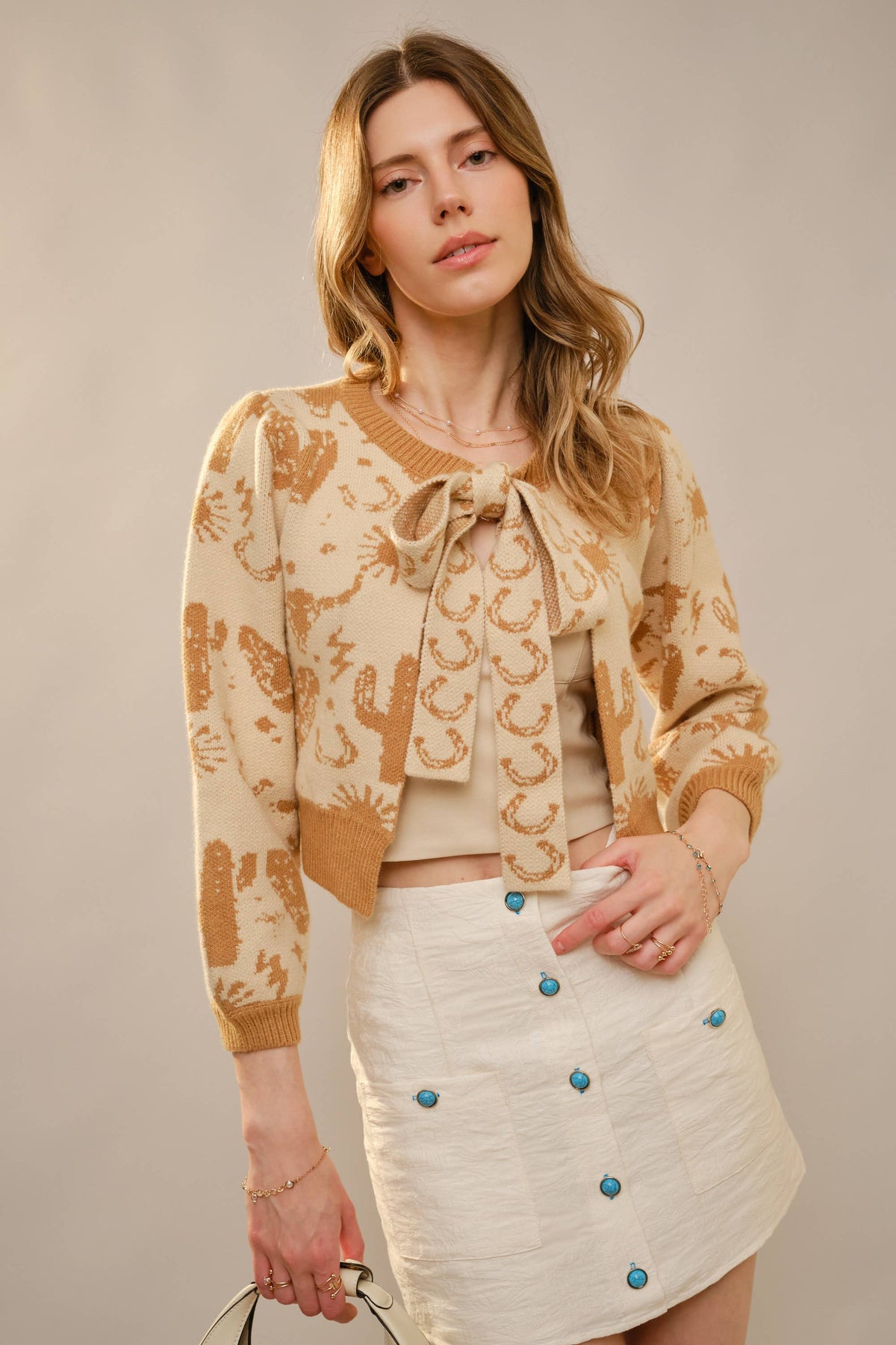 Blue B - 37767W - Western Motif Tie Front Cardigan