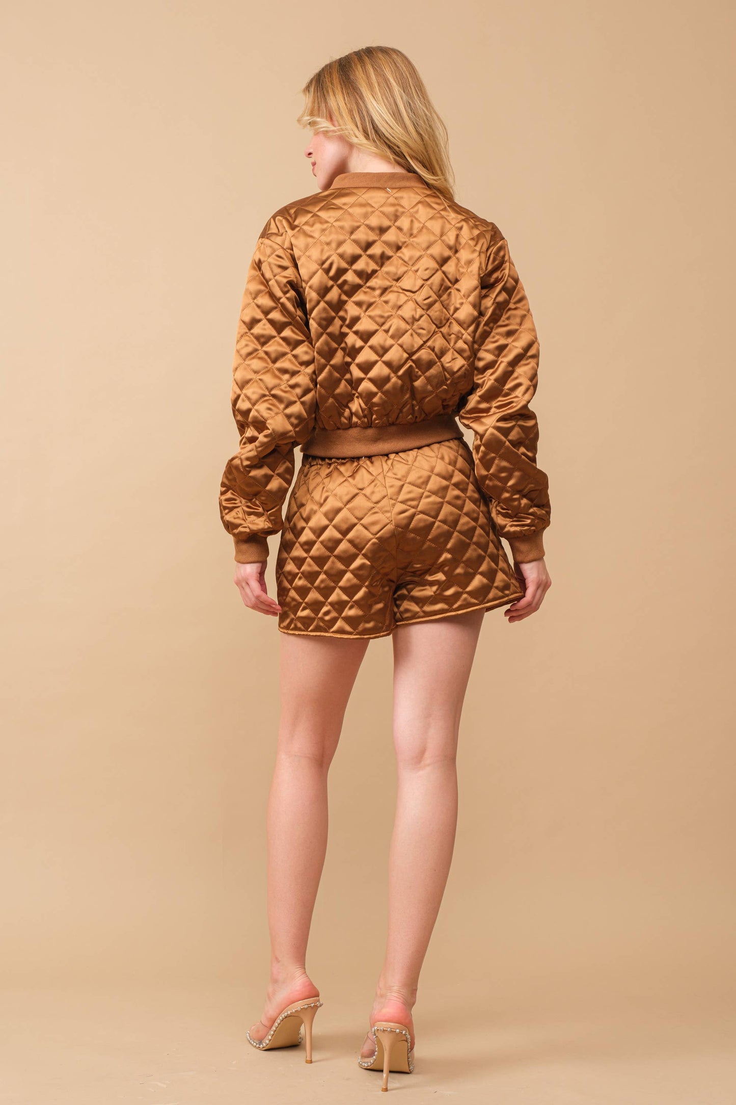 Blue B - 61234SET Quilted Crop Pocket Bomber Jacket w/ Matching Set