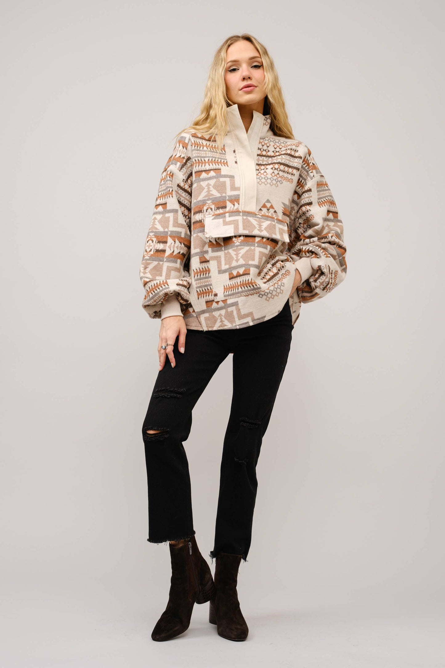Blue B - 33097J - Aztec Jacquard Mock Neck Pullover