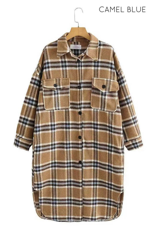 Miss Sparkling - Long Plaid Flannel Jacket