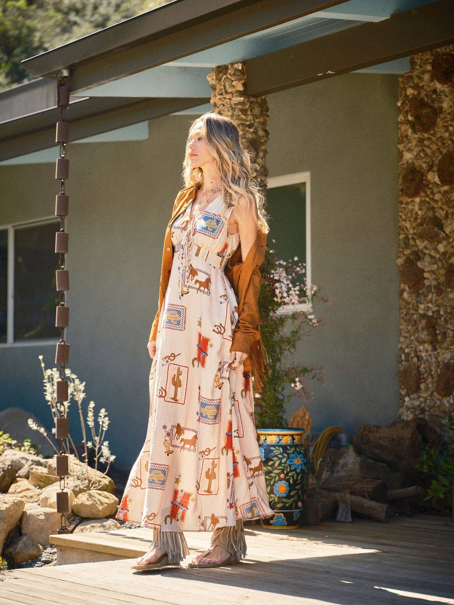 Blue B - 33111D - Western Motif Tie-Front Maxi Dress