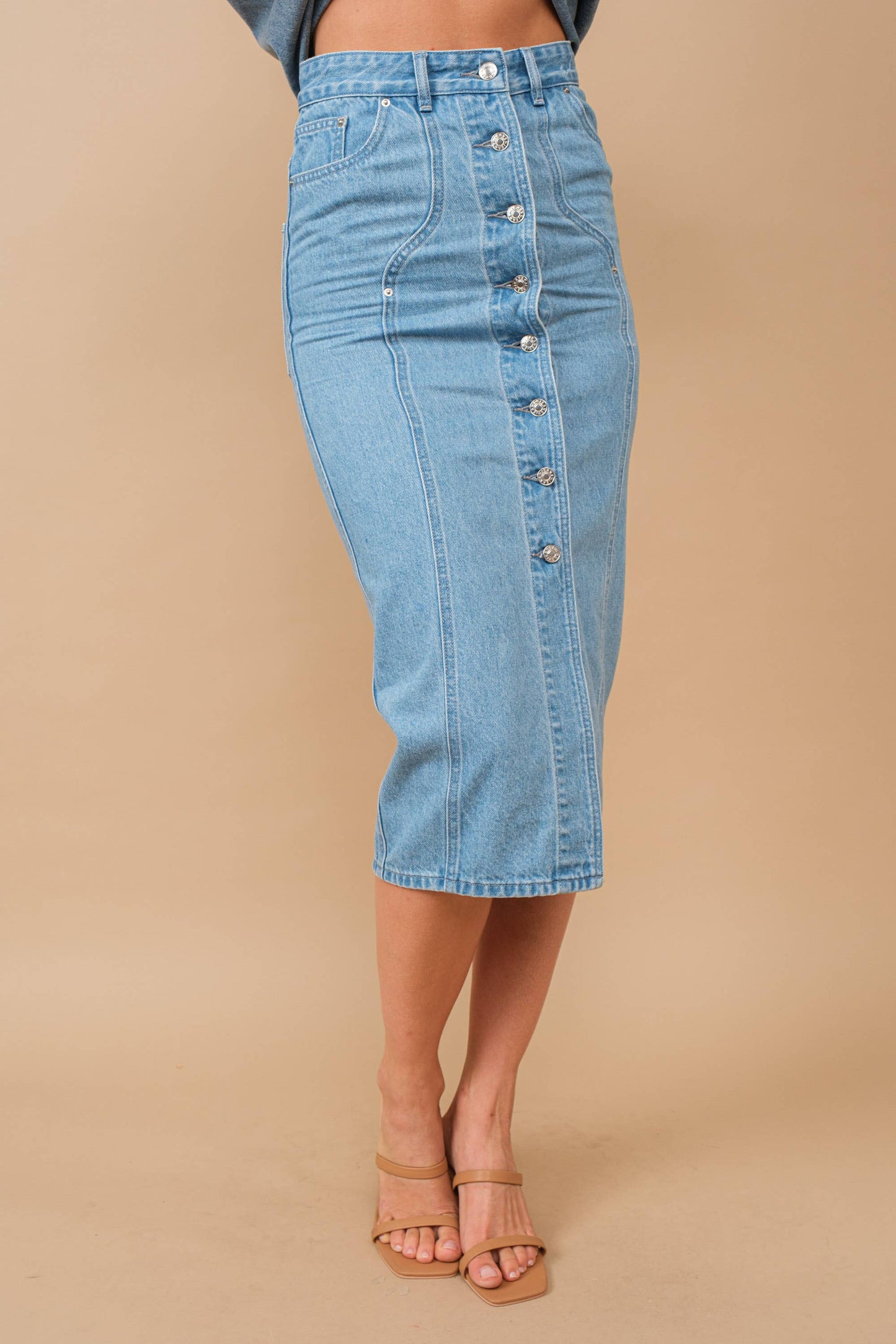 80187S- Mid Rise Fitted Button Up Midi Denim Pencil Skirt