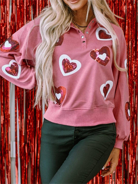 LiveFashionWay - Mineral Wash Sequin Heart Snap Buttons Collared Sweatshirt (