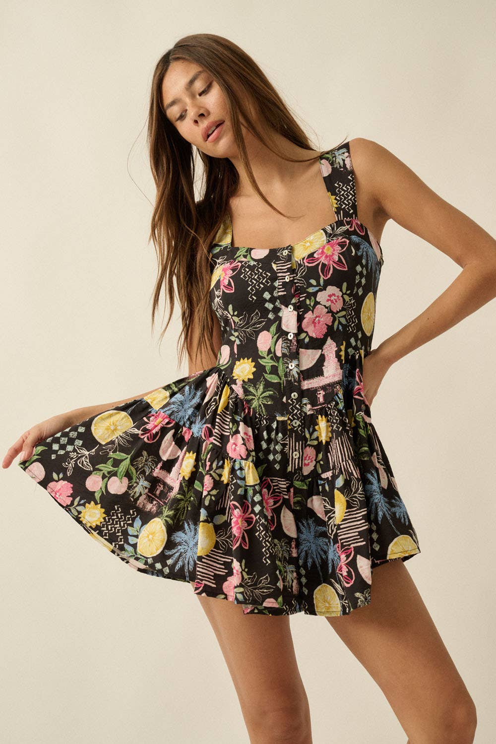 Promesa USA - Tropical Floral-Print Tiered Ruffle Sleeveless Romper