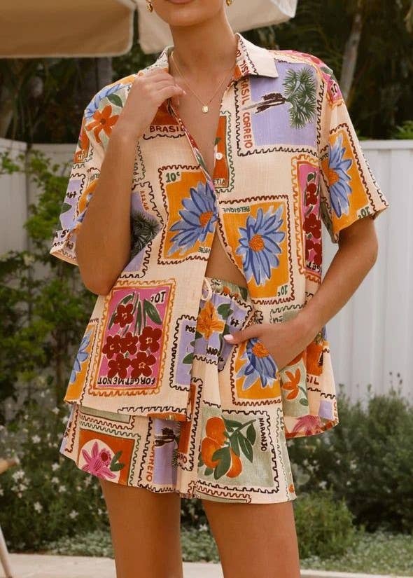 Rosa Clothing - Vintage Quirky Stamp Print Shirt And Shorts Set