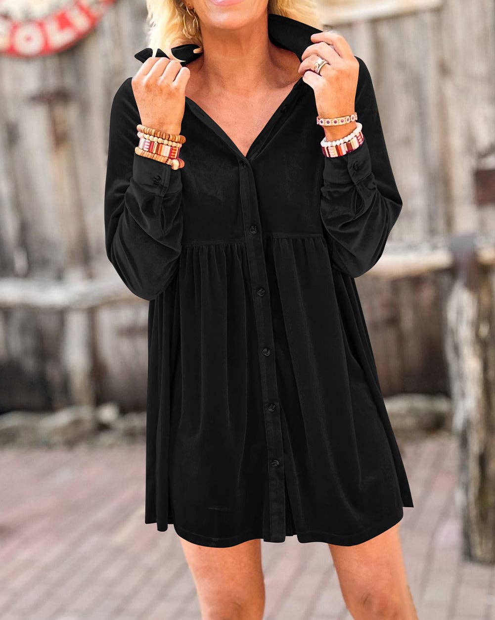 Long Sleeve Ruffle Velvet Button Up Dress