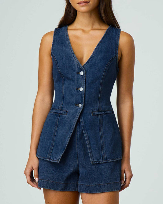 Rosa Clothing - Trendy Effortlessly Denim V-Neck Vest And Shorts Set