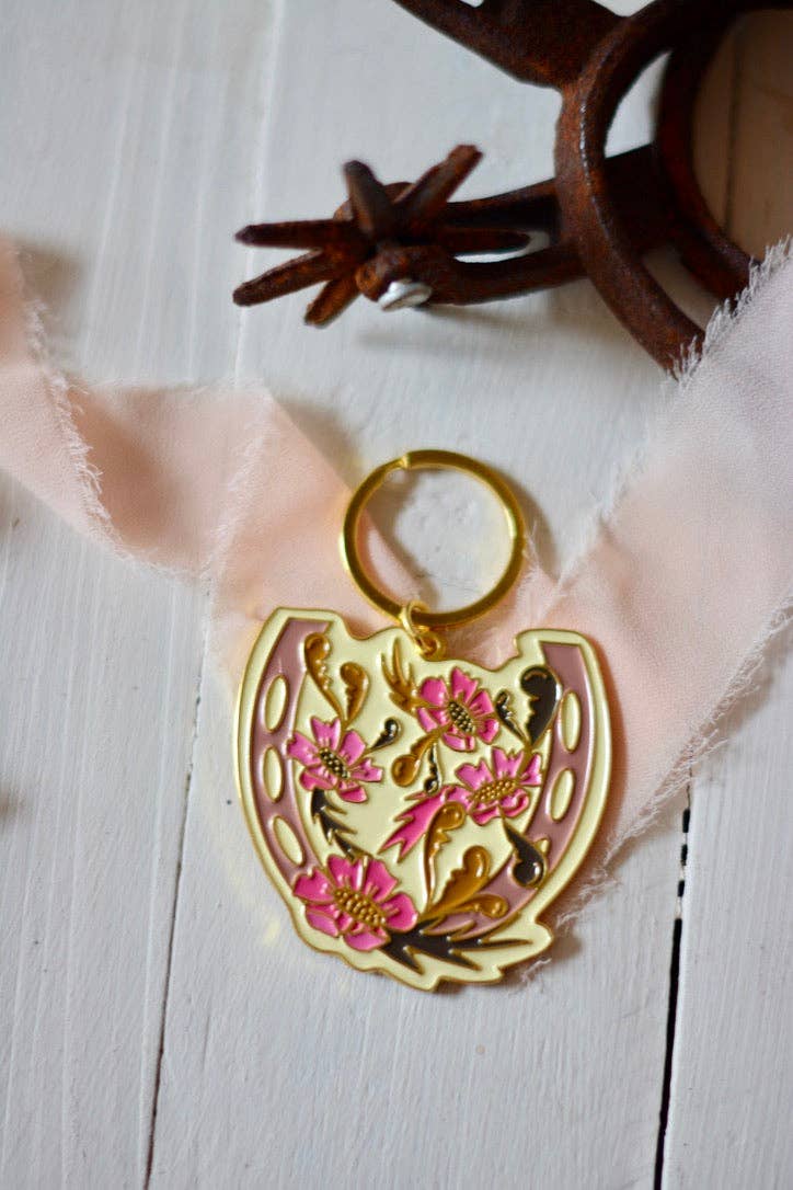 Western Floral Horseshoe Gold and Pink Enamel Keychain