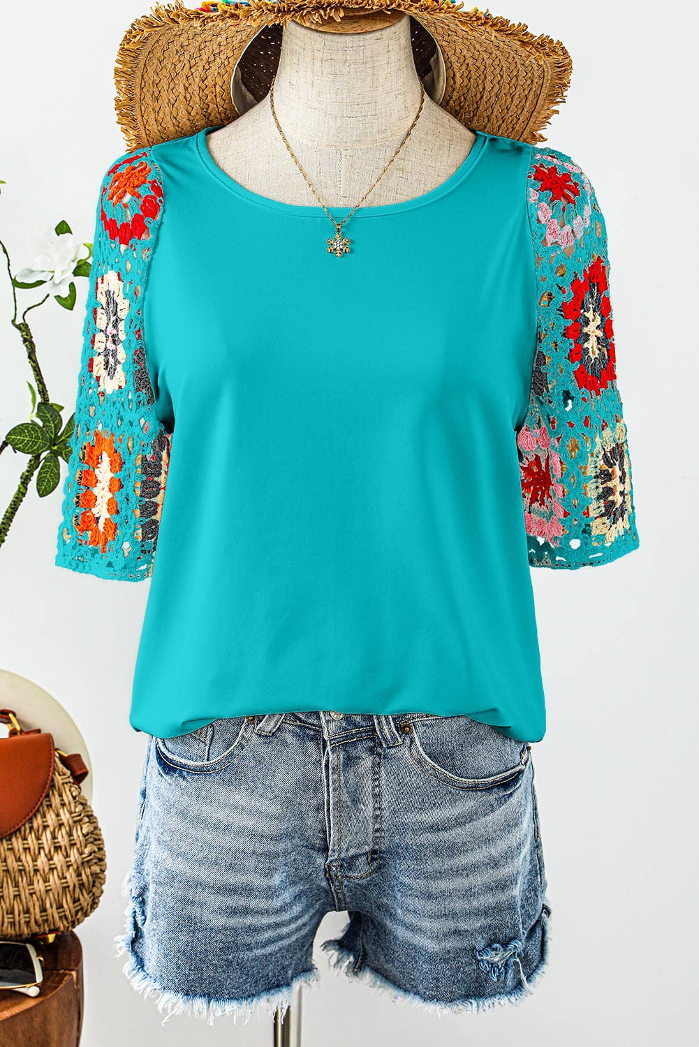 fashionworks -  Fashion-W Floral Crochet Short Sleeve Top*S-XL