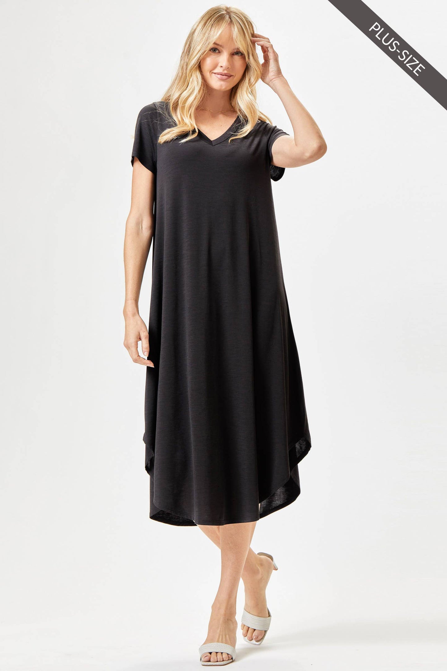 PLUS SIZE Beautiful Solid Midi Dress With Dolphin Hemline