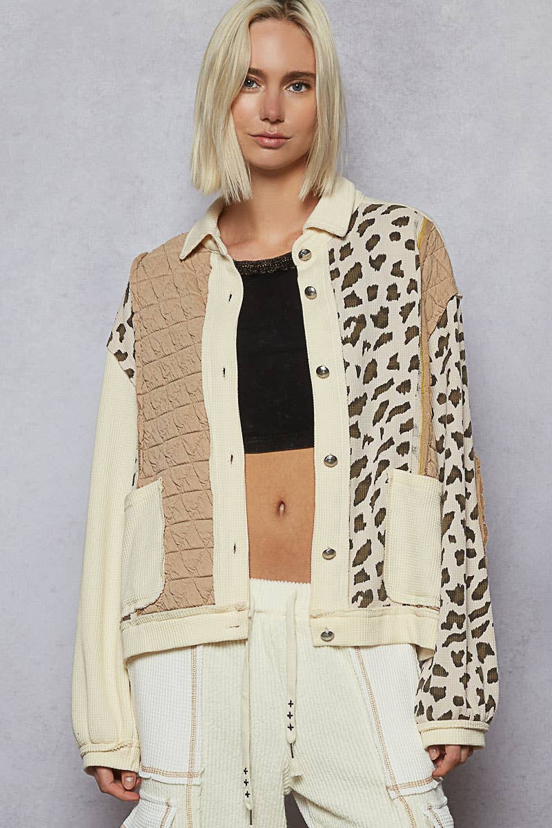 Pol Clothing - Floral Animal Print Contrast Color Block Quilted Jacket