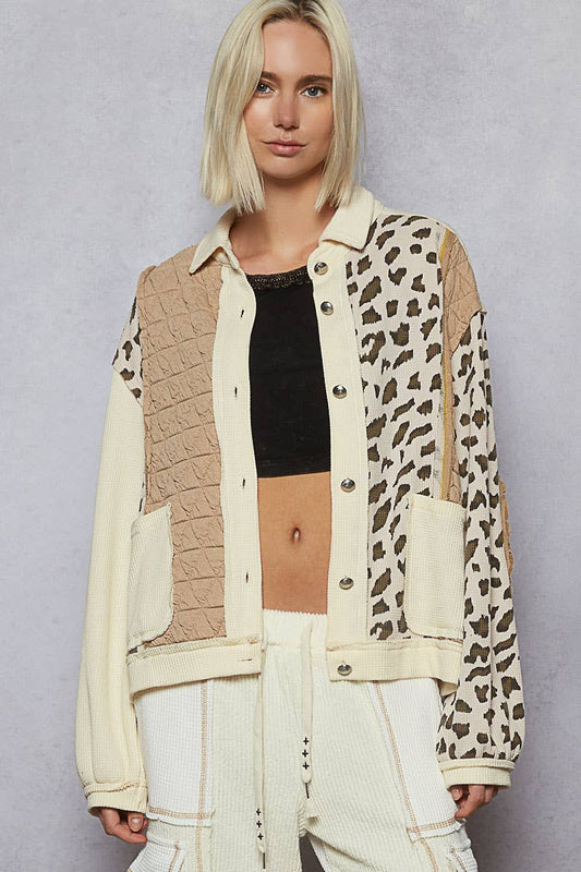 Pol Clothing - Floral Animal Print Contrast Color Block Quilted Jacket