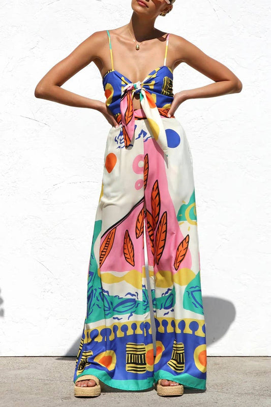Rosa Clothing - Unique cartoon graffiti print  keyhole knot cami Jumpsuit