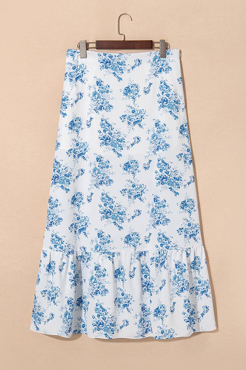 Rosa Clothing - Western Cowgirl Blue Floral ruffle high silt maxi skirt