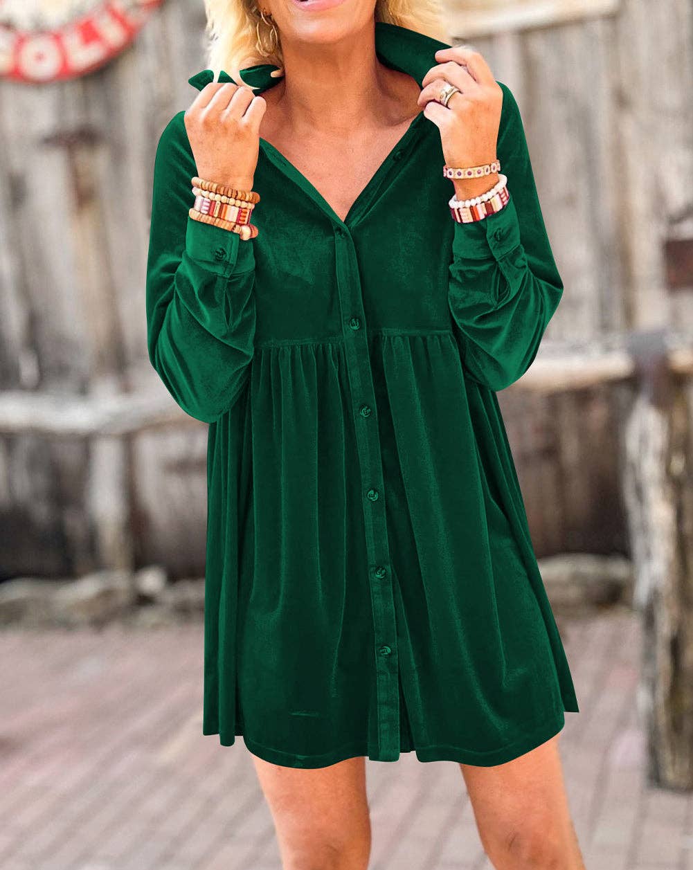 Long Sleeve Ruffle Velvet Button Up Dress