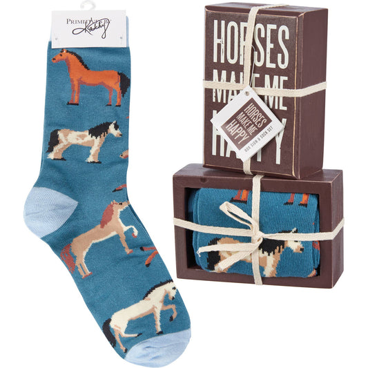 Primitives by Kathy - Horses Make Me Happy Box Sign And Sock Set