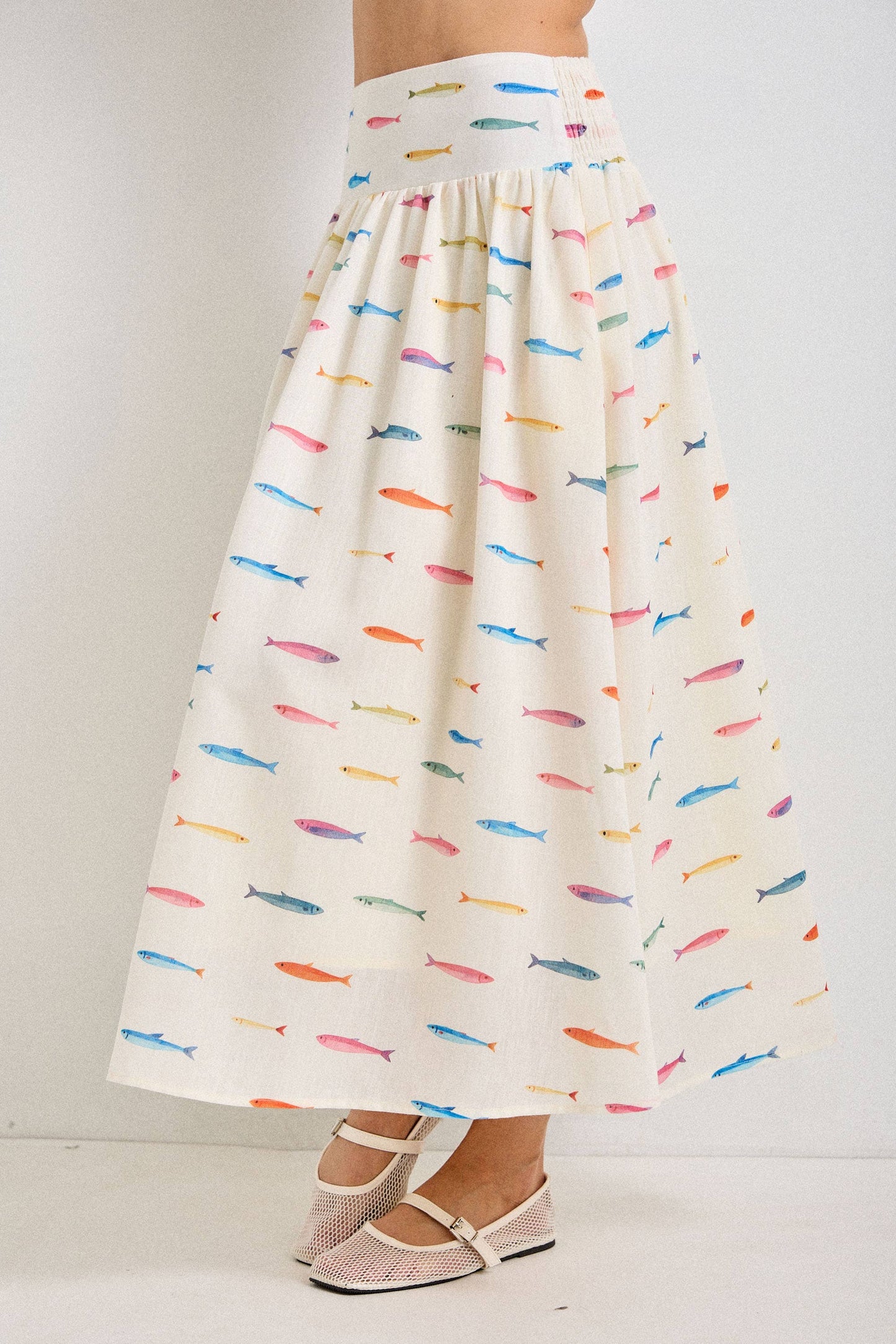 Baevely by Wellmade USA - FISH PRINT SMOCKED BACK WAIST MIDI SKIRT